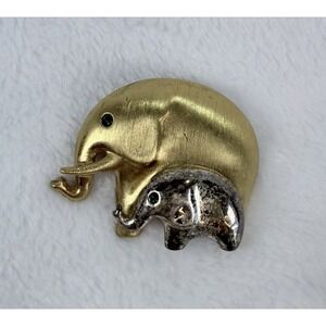 VTG Gold Tone Elephant Mother‎ and Baby Brooch Pin Green Rhinestone Eyes
